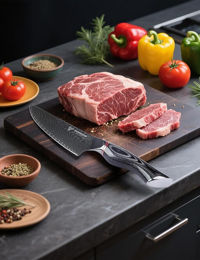 Chef Knife 8 Inch - Professional Japanese Kitchen Knife - Black Damascus Steel with Ergonomic Handle - MIAO Series