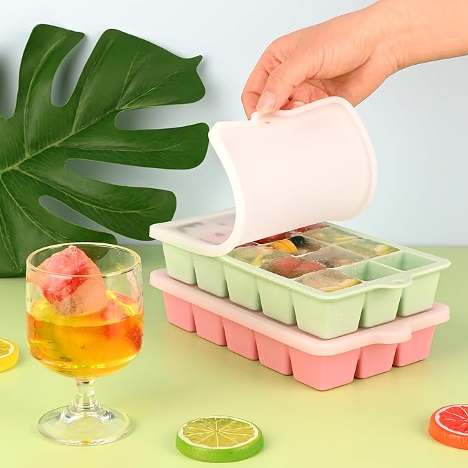 HUAKENER 2 Pack Silicone Ice Cube Tray, Medium Size Ice Cube Trays for Freezer, Stackable Ice Cube Molds with Lid for Whiskey, Coffee, Juice, Baby Food