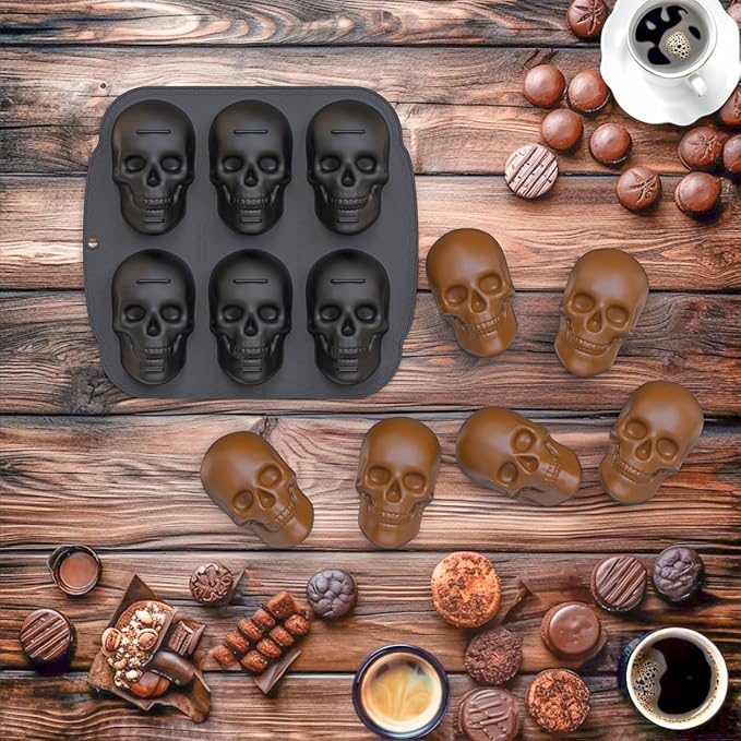Skull Cake Pan,Skull Cake Pan Silicone Mold，6-Cavity Silicone, or Halloween & Party Drinks (6 Cavity Large Mold)