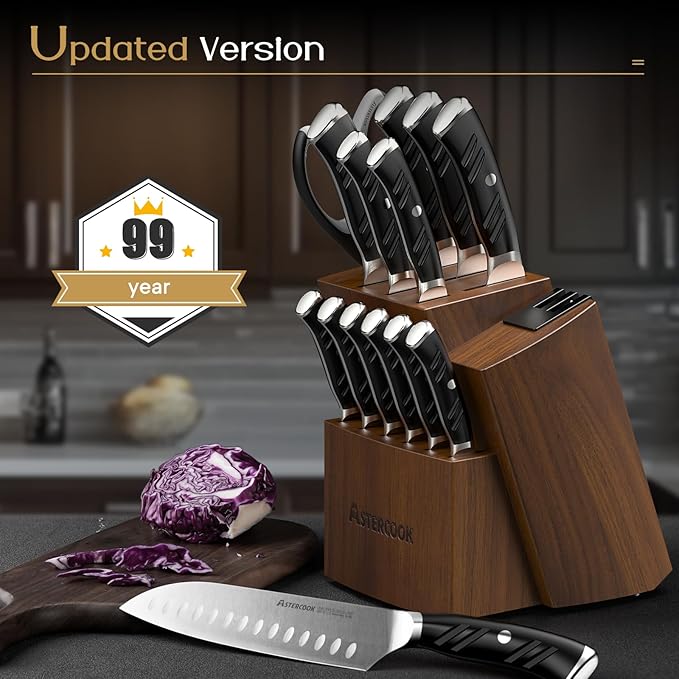 Astercook Knife Set, Kitchen Knives Set with Block and Dual Sharpener Full Tang 15 Pcs German Stainless Steel Knives Sharp Blade Dishwasher Safe Knife Set with Ergonomic Handle, Elegant Black