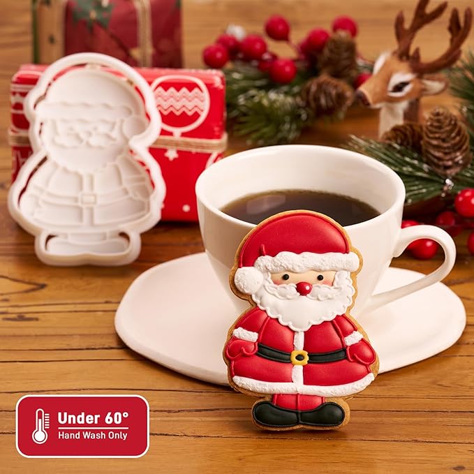 Flycalf Christmas Cookie Cutters Santa with Plunger Stamps Holiday PLA Baking Accessories Cutter Molds Gifts Decorative Party 3.5" Kitchen Cake Supplies