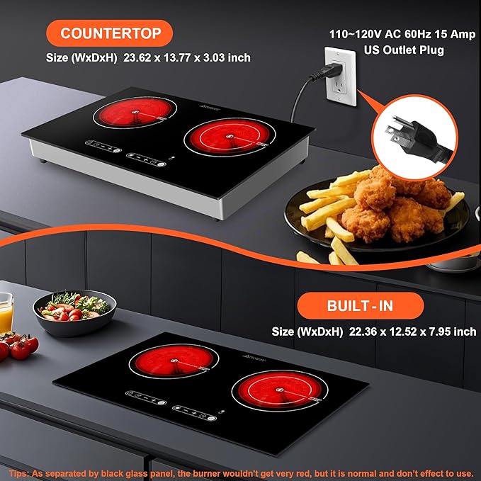 Dual Coil Design of 2 Burner Cooker, 1800W Electric Ceramic Hot Plate for Cooking, Infrared Double Burner Portable Countertop or 24inch Built-in Cooktop Radiant Stove Top, Compatible with All Cookware