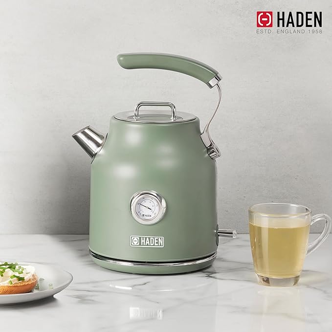 Haden Dorset 1.7 Liter Stainless Steel Electric Kettle, Hot Water Kettle with 360-Degree Base and Auto Shutoff, Cedar Green & Chrome