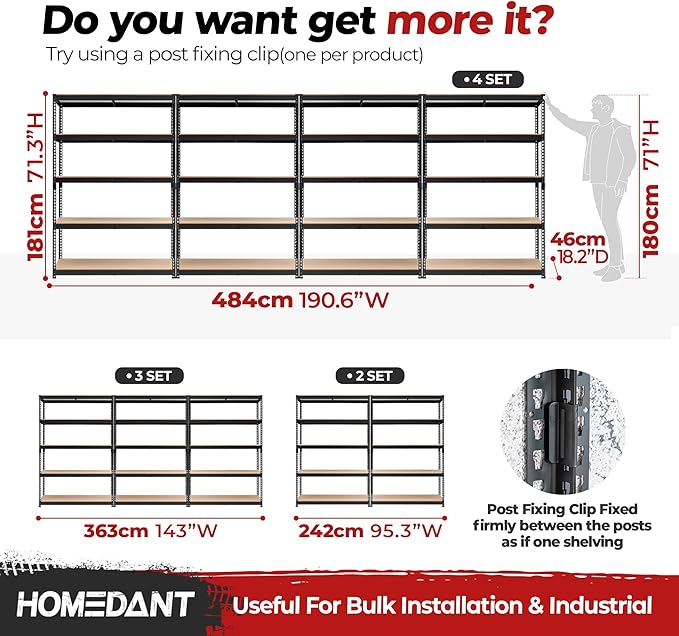 HOMEDANT 5 Tier Laminated Boltless Heavy Duty Garage Storage Adjustable Wide Size Metal Shelving Unit Utility Rack Shelves Organization Multipurpose Shelf Shed Warehouse 47.7"W x 18.2"D x 71.3"H 4Pack