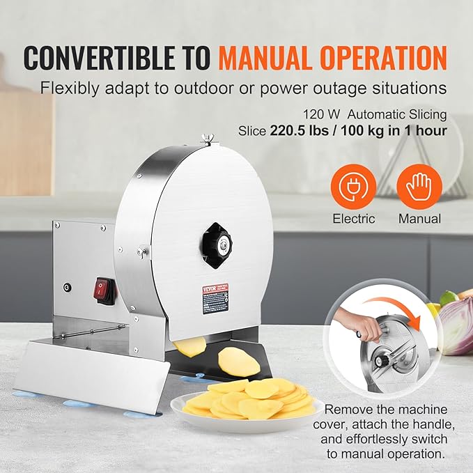 VEVOR Electric Vegetable Slicer, 0-0.5"/0-12mm Thickness Adjustable Commercial Slicer Machine, Convertible to Manual, Stainless Steel Food Cutter Slicing Machine, for Potato, Lemon, Tomato, Apple