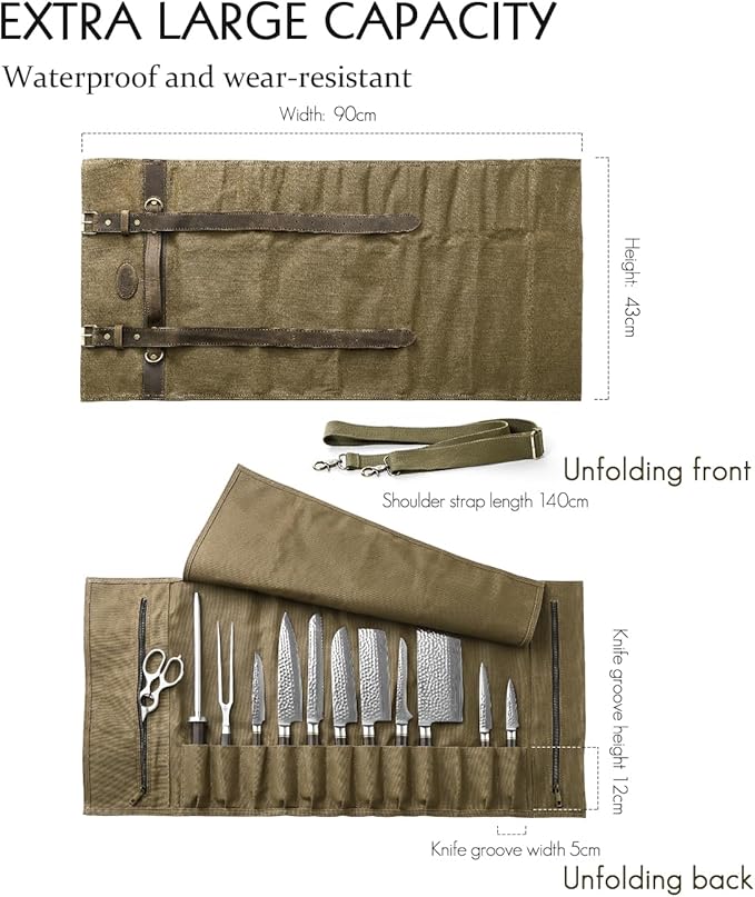 HEZHEN Chef Knife Roll Bag 16oz Oil Waxed Canvas, Heavy Duty Portable Backpack Knife Case Storage, 12 Slots & 2 Zipper Pockets, Detachable Adjustable Leather Shoulder Strap Belt（Not Included Knives）