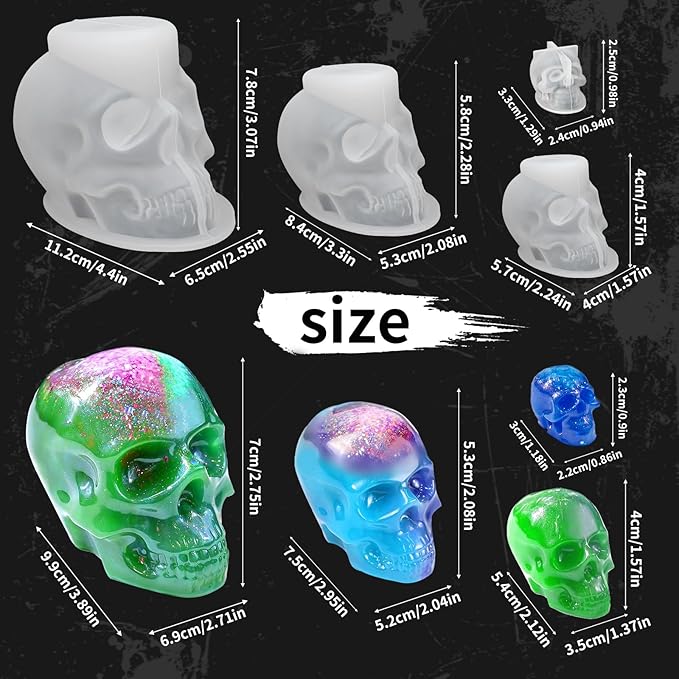 7 Pcs Skull Molds for Resin, Set of Large + Medium + Small + Mini 3D Skull Silicone Mold for Candle Wax Soap Clay Epoxy Resin Casting, Halloween Home Decoration