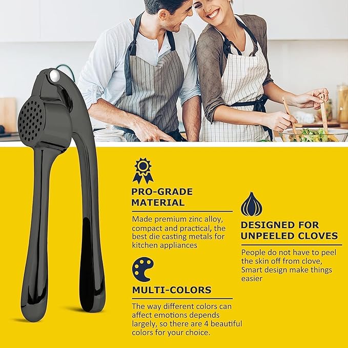 Premium Garlic Press Stainless Steel - Elevate Your Culinary Experience with Our Premium Garlic Mincer, Crusher & Peeler Set, Dishwasher Safe & Rust-proof (Matte-Black)