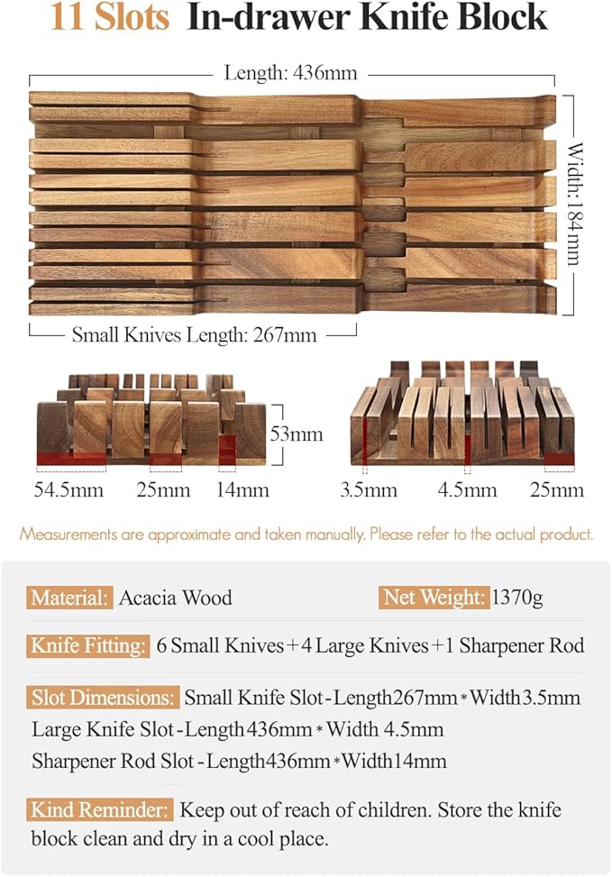 XINZUO In-drawer Knife Block, Natural Acacia Knife Drawer Oganizer, Insert-Kitchen Storage Holder, 11 Slots, Holds up to 11 Various Size Knives, Countertop Saving&Knife Protective