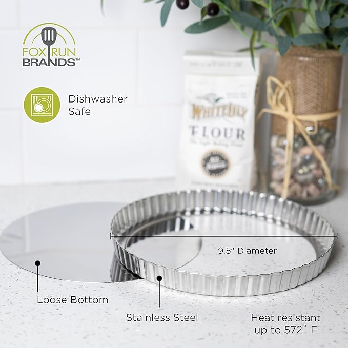 Fox Run Stainless Steel Tart Pan With Removable Bottom, 9" Quiche Baking Pan