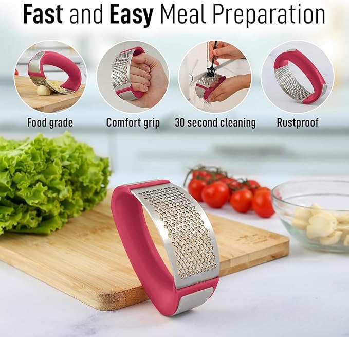 Angel's Peel Lounge Stainless Steel Garlic Press Rocker Set with Silicone Garlic Peeler & Cleaning Brush – Garlic Chopper, Mincer, Grater, Crusher – Easy for Crushed Cloves – Rust-Resistant, Red