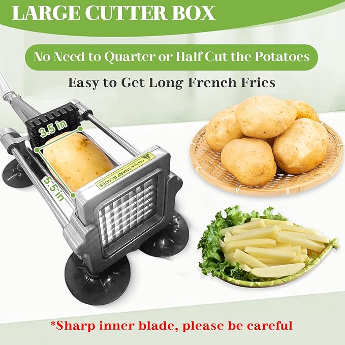 Commercial French Fry Cutter, Heavy Duty Potato Slicer with 1/4Inch Blade, Stainless Steel Potato ChopperFrench Fries Cutter with Suction Feet,