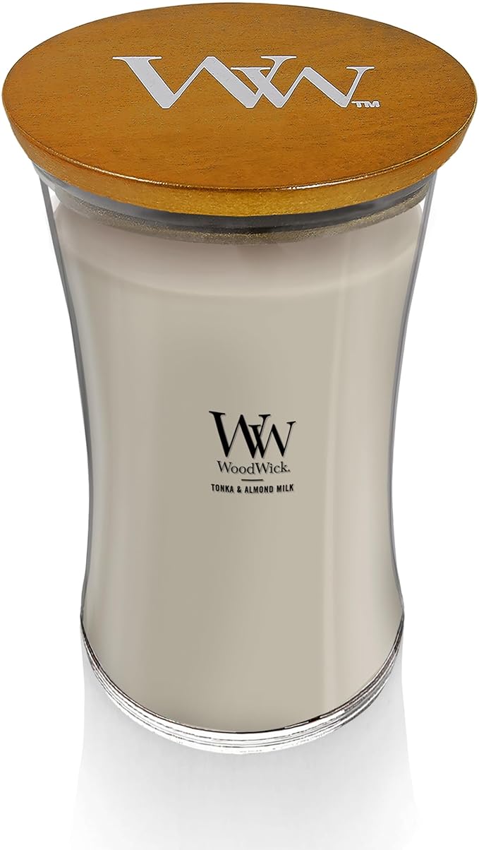 WoodWick Tonka & Almond Milk Gifts for Women and Men, 21.5 oz Large Hourglass Candle with Crackling Wick