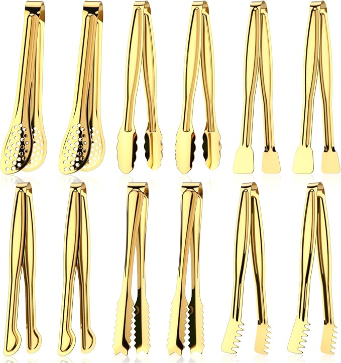 CHENGU 12 Pack Stainless Steel Tongs 6 Inches Food Serving Clip Kitchen Cooking Tongs High Heat Resistant Clips for Non Stick Cooking Grip for Ribs, Steak and Grill Salad