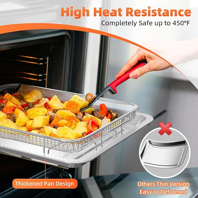Air Fryer Basket for Oven, 2 Set Oven Air Fryer Basket and Tray with 60 PCS Parchment Papers, DEGOVIN Crisper Tray Non-stick Stainless Steel Air Fry Pans for Convection Oven(15.8" × 11" & 13" × 9.7")