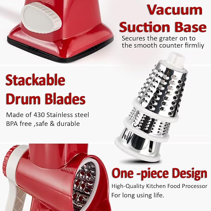Chef Power 5 in 1 Rotatory Cheese Grater - Premium Quality Hand Cheese Grater With Handle - Food Chopper for Kitchen – (Red & White)