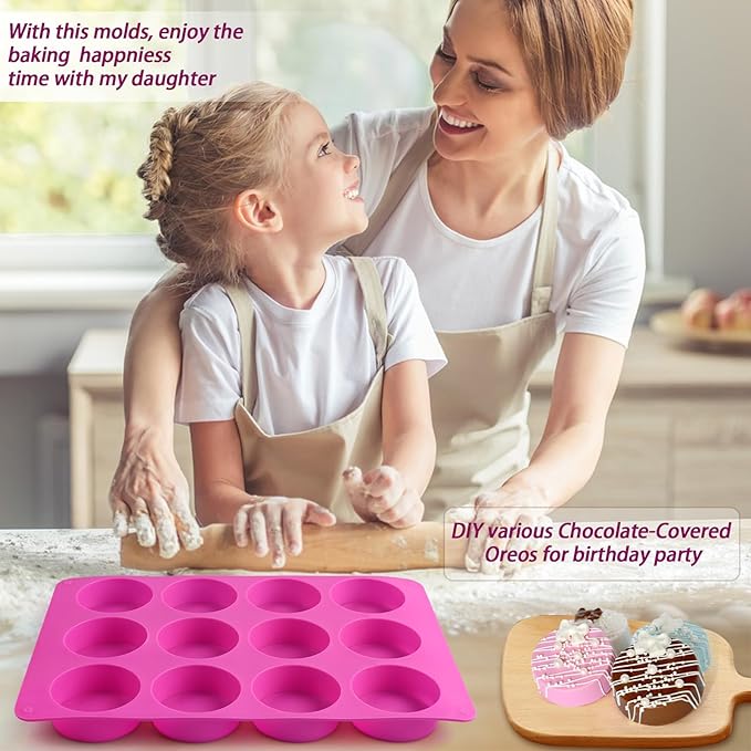 Sakolla 2 PCS Round Chocolate Cookie Molds, 12 Cavity Cylinder Silicone Molds for Chocolate Covered Oreos, Cake, Candy, Pudding, Mini Soap (Rose Red + Blue)