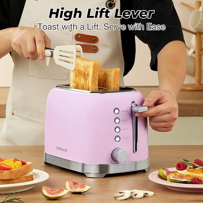 Toaster 2 Slice Retro Stainless Steel with 1.5” Extra Wide Slots Bagel, Defrost, Reheat, Cancel Functions, 6 Bread Shade Settings, Removable Crumb Tray, Purplish Pink
