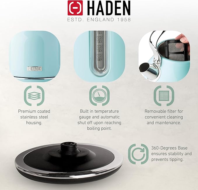 Haden Heritage 1.7 Liter Stainless Steel Electric Tea Kettle with Heritage 2 Slice Wide Slot Stainless Steel Bread Toaster, Turquoise