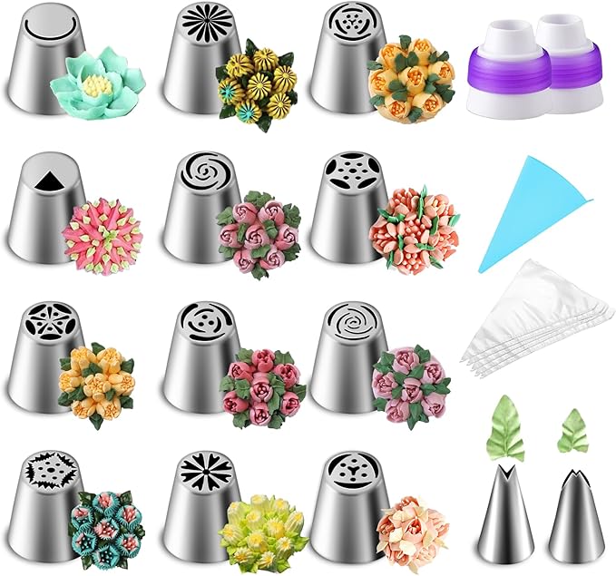 Suuker 27 Pieces Russian Piping Tips Set, Cake Decorating Tips Baking Supplies for Cupcake Cookies Birthday Party (12 Icing Tips 10 Pastry Baking Bags 2 Leaf Piping Tips 2 Couplers 1 Silicone Bag)