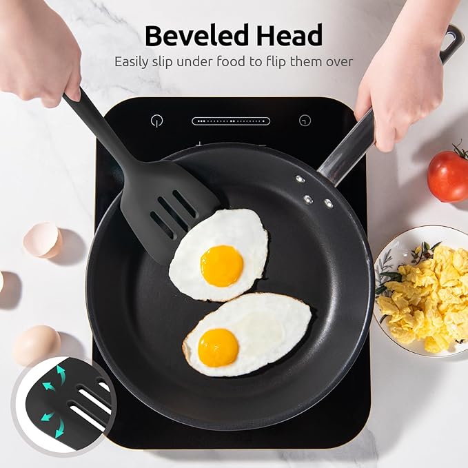 600ºF Heat Resistant Silicone Turner: U-Taste 13.6in Long Solid & Slotted Thick Kitchen Spatula Flipper, Large Flexible Cooking Utensil for Flipping Egg in Nonstick Cookware (Classic Black, 2PCS)
