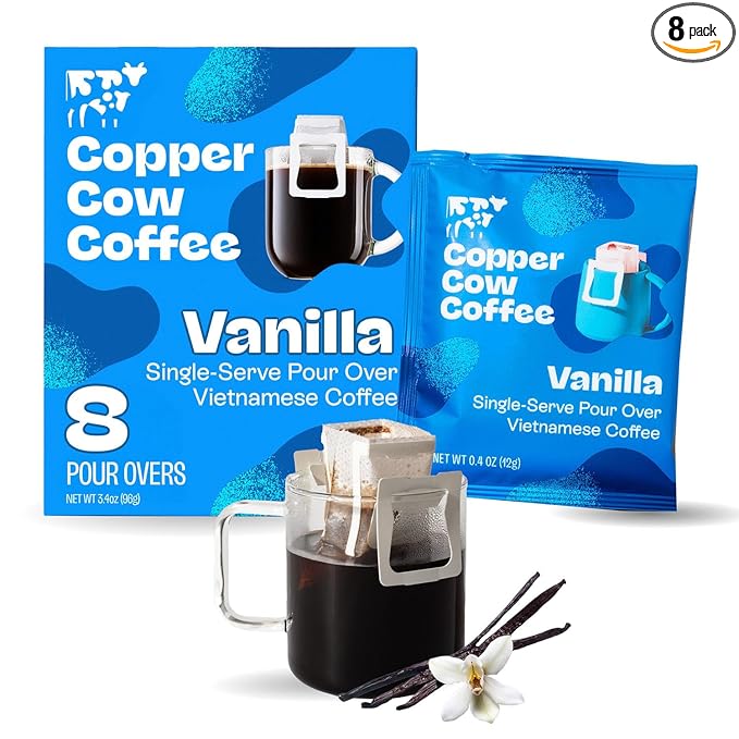 Copper Cow Coffee Premium Pour Over Single-Serve Vietnamese Coffee Pouches (8 pack) | Vanilla | Dark Roast | Flavored with Vanilla Beans | Convenient Vietnamese Ground Coffee Packets, Travel Friendly