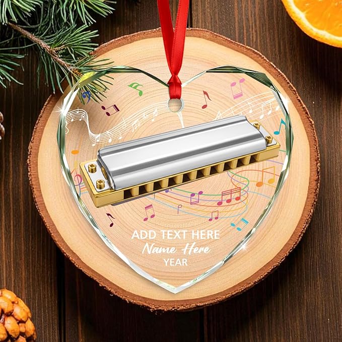 Customized Harmonica Glass Keepsake Ornament, Personalized Text Year Name Harmonica Player Xmas Ornaments Gift for Husband Wife Dad Mom, Unique Harmonicas Glass Christmas Ornament for Appreciation