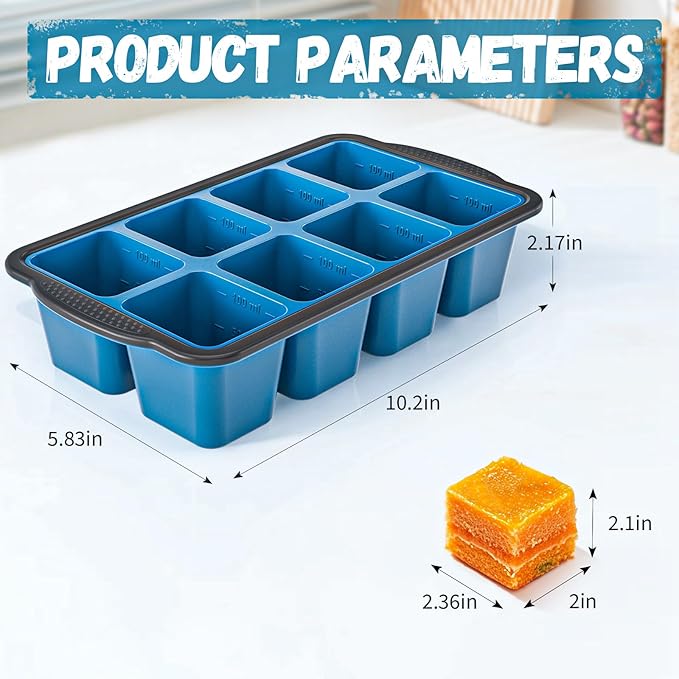 Ice Cube Tray For Freezer, 16 Large 1/2 Cub Cubes, Silicone Ice Trays For Freezer With Lid, Heavy-duty, Sturdy and Easy to Demold, Suitable for whisky, coffee, Herbs, Purees, 2-Pack