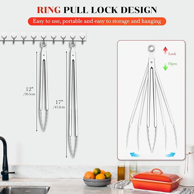 Grill Tongs - 12 Inch & 17 Inch Extra Long BBQ Tongs, Heat Resistant Stainless Steel Kitchen Tong, Heavy Duty Metal Locking Tong for Cooking, Grilling, BBQ/Barbecue, Food (12+17 inch)