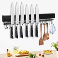 20 inch magnetic knife holder with 10 hooks, No Drilling black knife magnetic strip and utensil hanger for wall, Powerful knife magnet rack include tape and screws