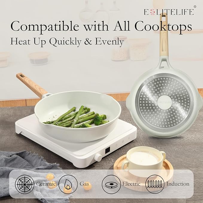ESLITE LIFE Nonstick Ceramic Frying Pan Skillet, Non-Toxic Egg Omelette Kitchen Cooking Pans Compatible with All Stovetops (Gas, Electric & Induction), PTFE & PFOA Free (White, 9.5")