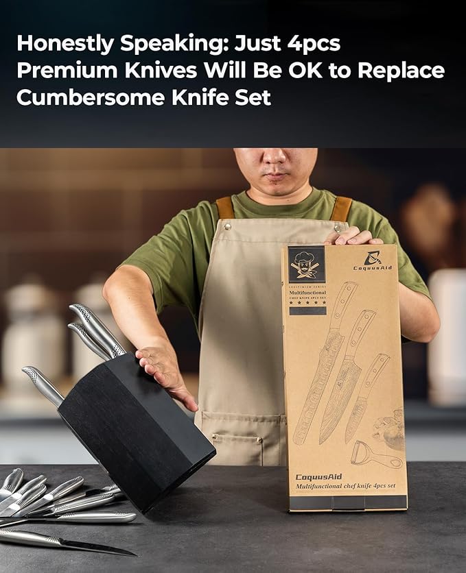 Essential 4-Piece Kitchen Knife Set,Sharp German Steel Knives Sets(Chef's Knife, Paring Knife, Bread Knife + Peeler) for Home Cooking BBQ,Gift Box included