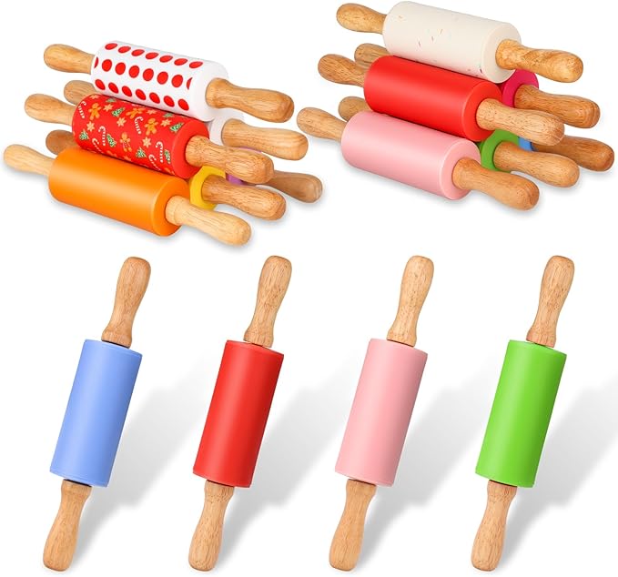 Mini Silicone Rolling Pin for Kids, Non-stick Surface Wood Handle, 9 Inch 16 Pack