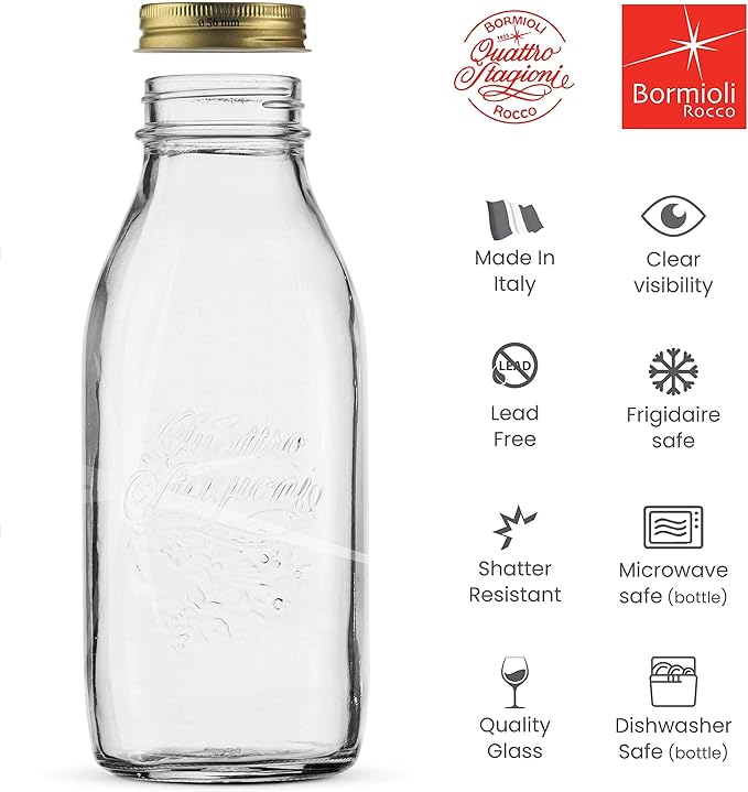 Bormioli Rocco Quattro Stagioni 33.75 Oz. Glass Milk Bottle with Lid, Air-Tight, Glass Jug Mason Jar, Dishwasher Safe, Made in Italy