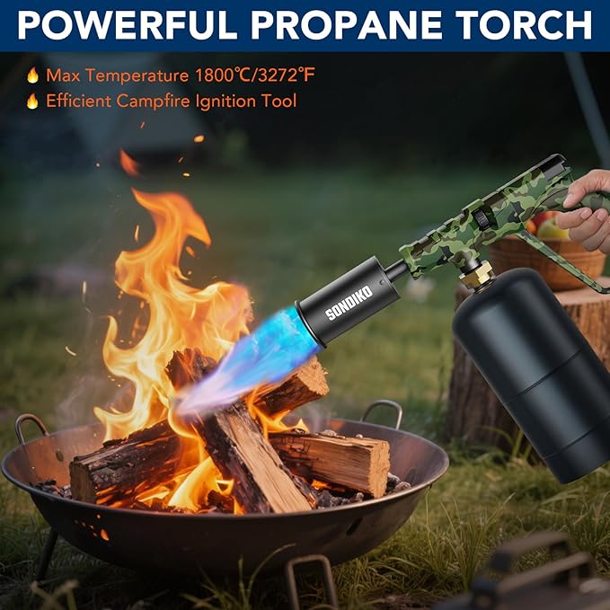 Sondiko Propane Torch Head, Powerful Kitchen Torch for Cooking, BBQ, Sous Vide and Steak Searing, Adjustable Blow Torch - Perfect Campfire Charcoal Starter, Gas Welding Kit(Propane Tank Not Included)