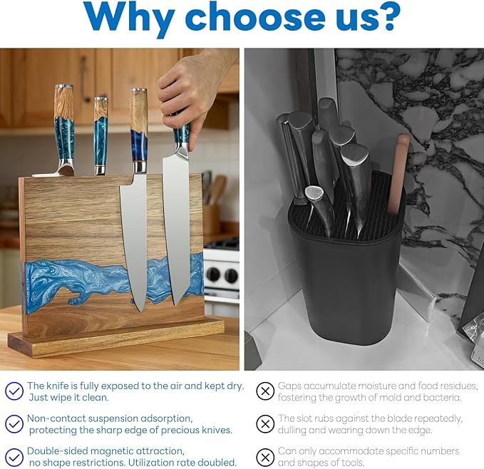 magnetic knife holder - Acacia wood blue resin river knife block, double-sided magnetic, 12.59 × 9.84 inches (Without knife)