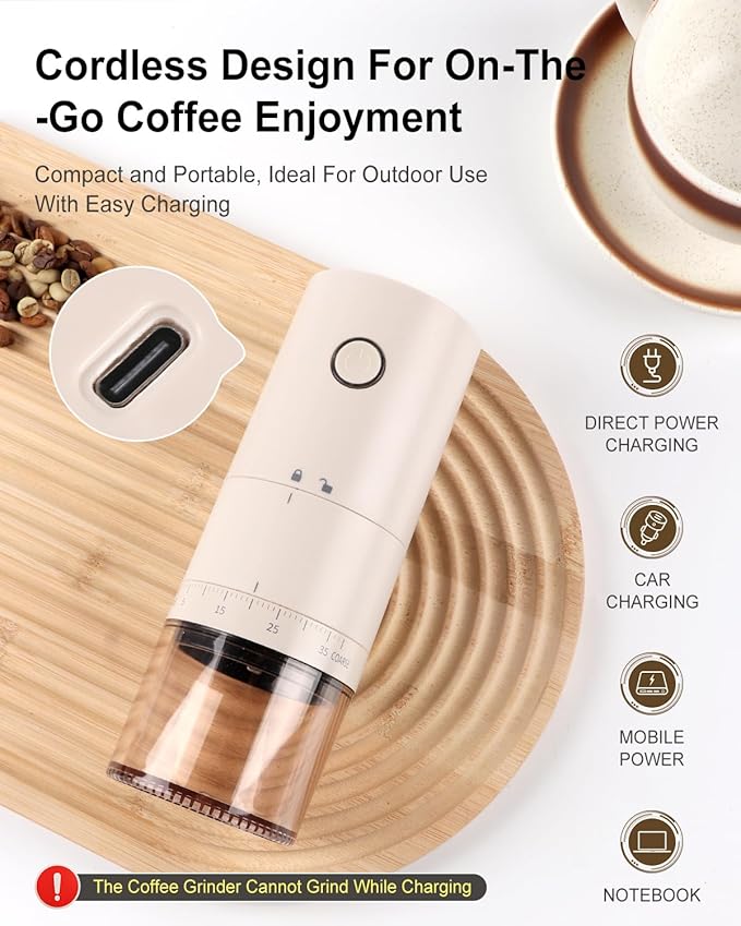 Lamido Portable Electric Coffee Grinder with Ceramic Conical Burr - 38 Adjustable Grind Settings -1500 mAh Battery Rechargeable - Auto-Stop - Washable for Espresso, Pour Over - Travel, Camping (White)