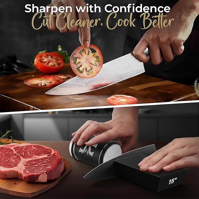 High Carbon Stainless Steel Rolling Knife Sharpener with 400, 1000 & 3000 Replacement Discs - Blunt Knife Sharpening Kit with 15 and 20 Degree Sharpening for Kitchen & Chef's Knives (BLACK) (Black)
