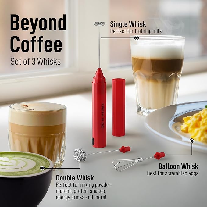Zulay Froth N Go Milk Frother Rechargeable - 3-in-1 Frother Wand With Case & USB-C Charger - Comes With 3 Whisk Attachments for Latte, Cappuccino, Matcha, Protein Shakes - Red