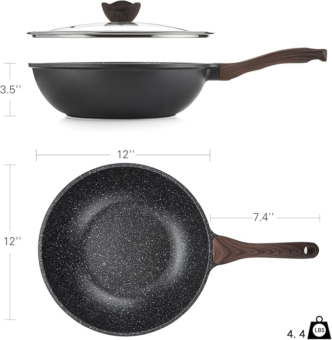 Kordisen Nonstick Wok with Lid, 12 Inch Woks & Stir-fry Pans, Granite Stone Coating for Cooking, Induction Cookware, Compatible with All Stovetops, PFOA Free