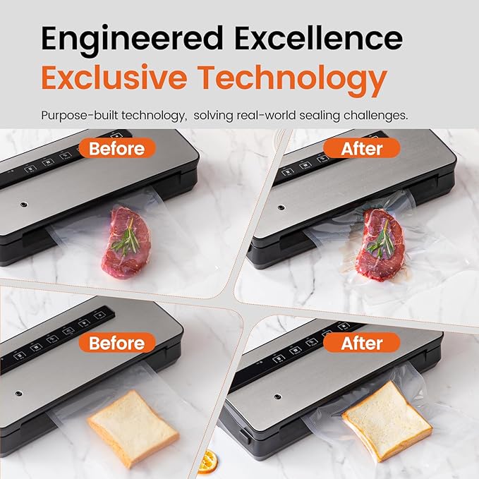 Vacuum Sealer for Food - 90kpa Vacuum Sealer Machine with Bags Storage and Built-in Cutter, Food Sealer with External Vac Function, Dry Moist Modes, Bag Roll included, Stainless Steel