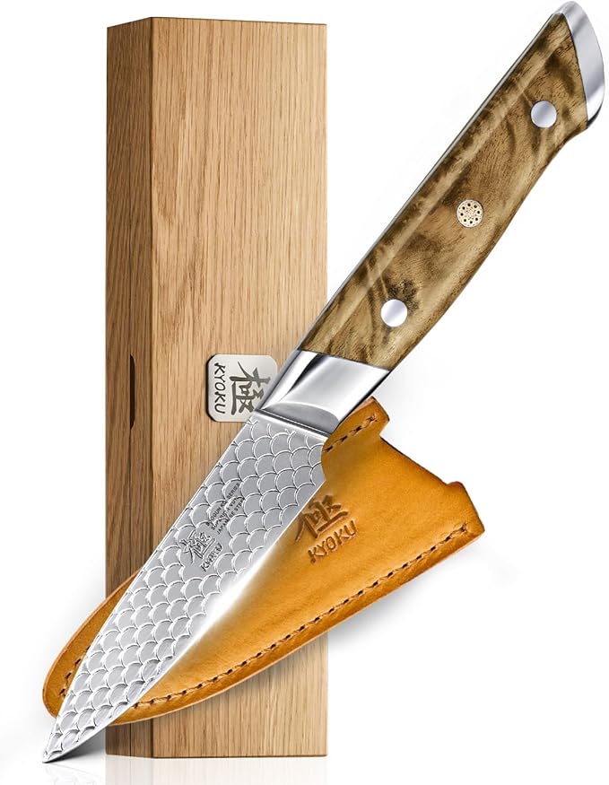 KYOKU 3.5" Paring Knife with Non-Stick Koi Scale Pattern, Japanese VG10 Stainless Steel Small Chef Knife with Sheath & Gift Box, Shogun Koi Series Full Tang Peeling Knife with Camphorwood Handle