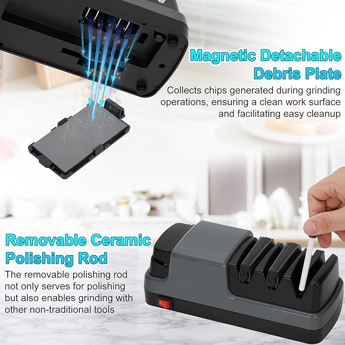 4-Stage Electric Knife Sharpener, For Kitchen Knives, Serrated Knives and Scissors, 100% Diamond Abrasive for Rapid Sharpening & Polishing, Grey Knife Sharpener