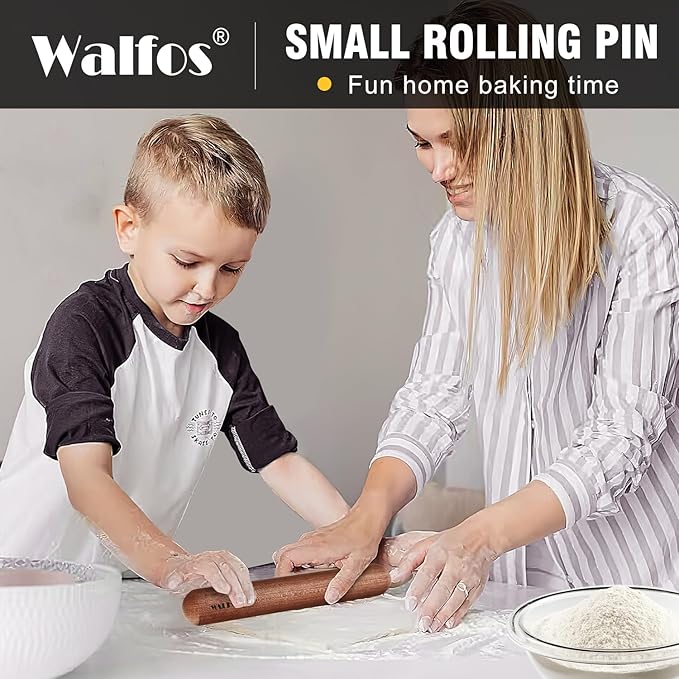 Walfos French Rolling Pin Set - Natural Wooden Rolling Pins (8inch, 15.7inch) With Non-stick Silicone Fiber Pastry Mat, Baking Dough Roller for Pizza, Pie, Pasta, Bread, Pastry