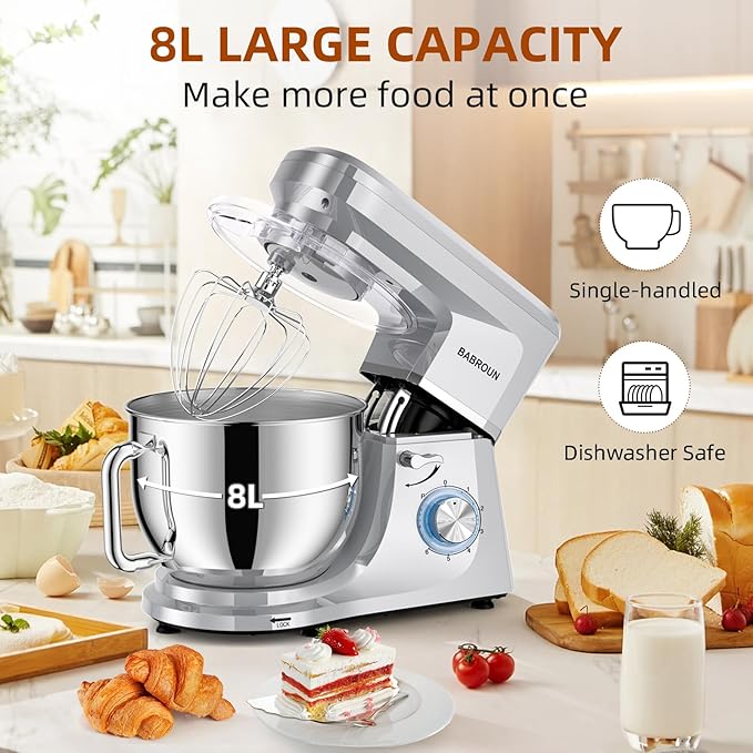 Dough Mixer 8.45 QT Electric Mixer - 660W 6 Speed Large Capacity Kitchen Stand Mixer with Whisk Dough Hook Mixing Beater Household Food Mixer for Baking Cakes Cookie Bread Salad (Silver)