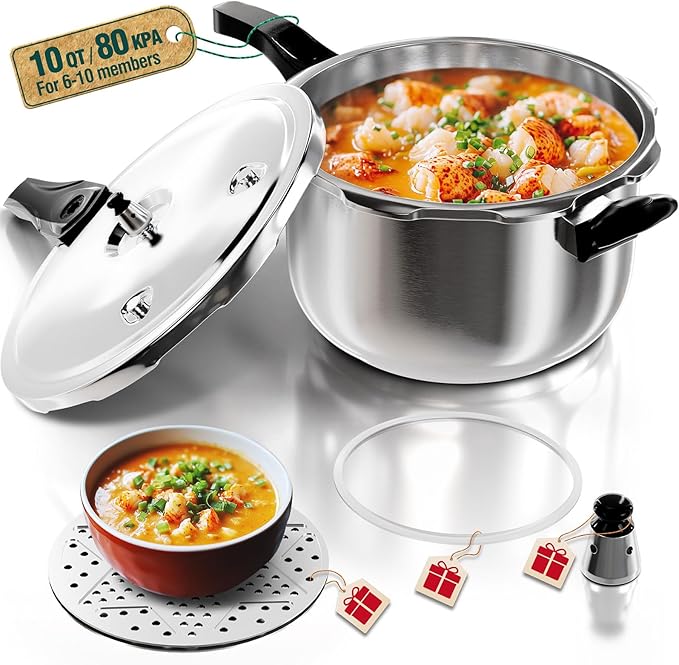 WantJoin Stainless Steel Pressure Cooker(Non-Aluminum),10 Quart Induction Compatible Pressure Cooker with Spring Valve Safeguard Devices,Compatible with Gas & Induction Cooker