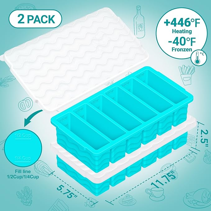 1/2 Cup Silicone Freezer Molds with Lid, 2-Pack Silicone Freezer Trays for Soup, Sauce & Broth – Meal Prep Containers, Large Ice Cube Tray, Oven & Dishwasher Safe