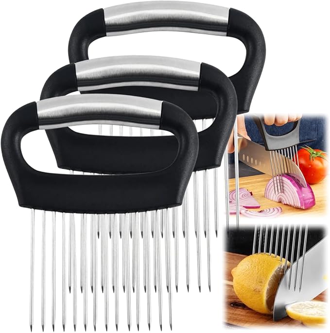 Ultra Onion Slice Holder - Stainless Steel Holder for Slicing Meat, Onion, Potato, Tomato - 3 Pack