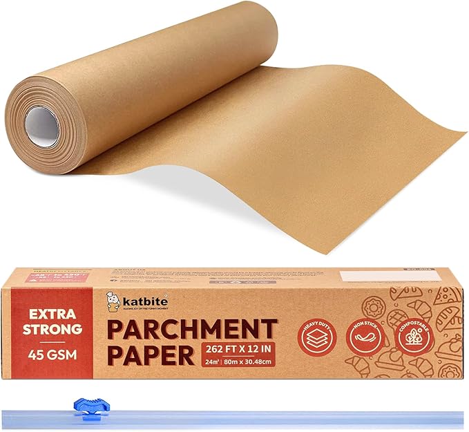 Unbleached Parchment Paper Roll for Baking 12in x 262ft, 260 Sq.Ft, Heavy Duty & Non-stick Baking Paper with Slide Cutter, Brown Parchment Paper for Cooking, Air Fryer, Steaming, Bread