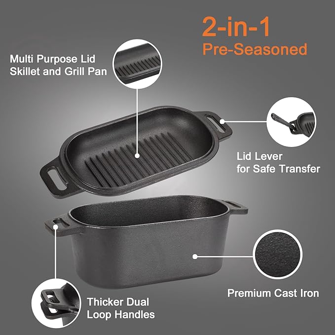 2-in-1 Pre-Seasoned Cast Iron Dutch Oven Pot with Lid as Skillet, Grill Pan, with Lid Lever, Dual Loop Handles, Oval Heavy Dutch Oven for Bread Baking, Frying, Camping, BBQ, 3.8 QT Black
